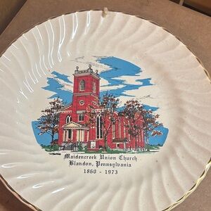 Vintage Commemorative Plate with Red and Blue Design